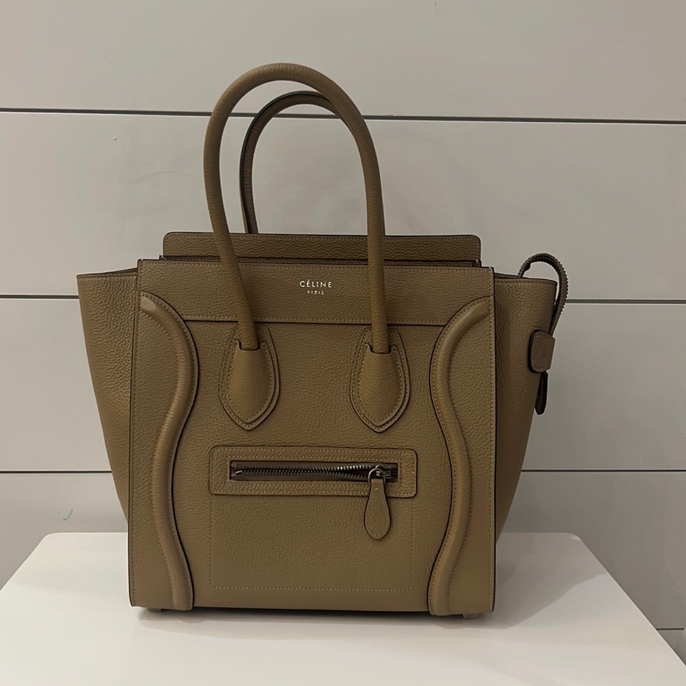 Celine drummed calfskin micro luggage dune